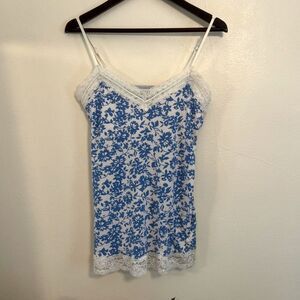 American Eagle Outfitters Early 2000s Lace Trim Floral Cami, White/Blue- Small